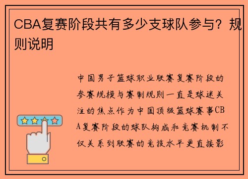 CBA复赛阶段共有多少支球队参与？规则说明