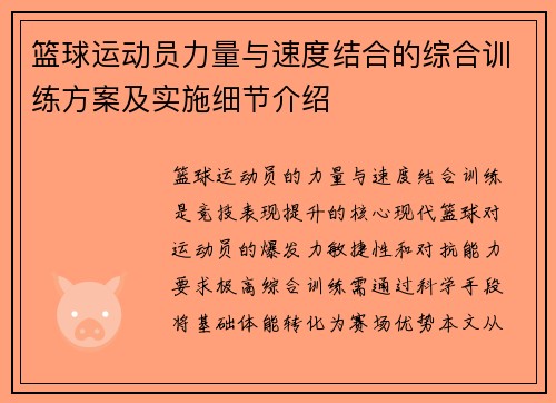 篮球运动员力量与速度结合的综合训练方案及实施细节介绍